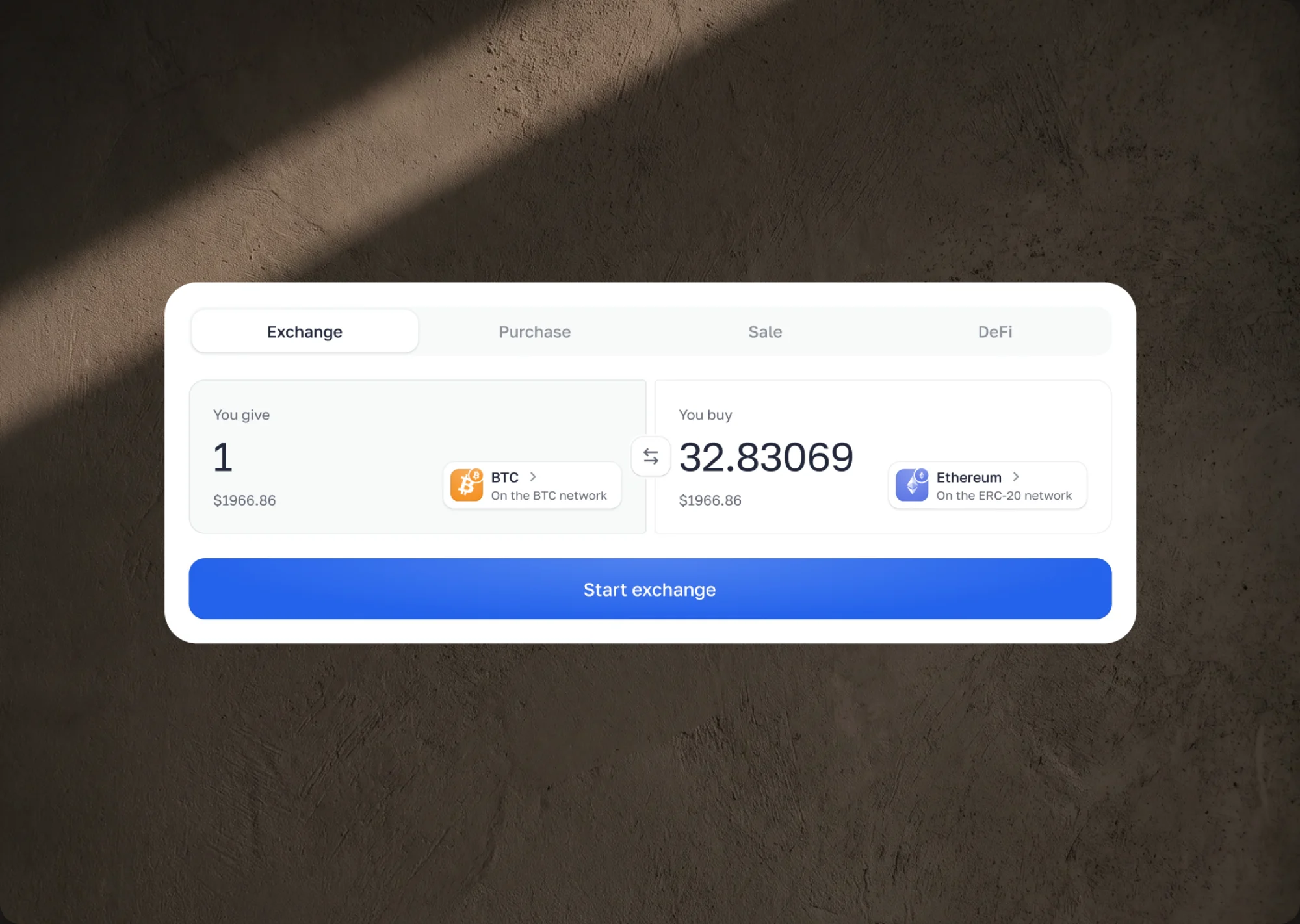 The Change exchange form: BTC to Ethereum