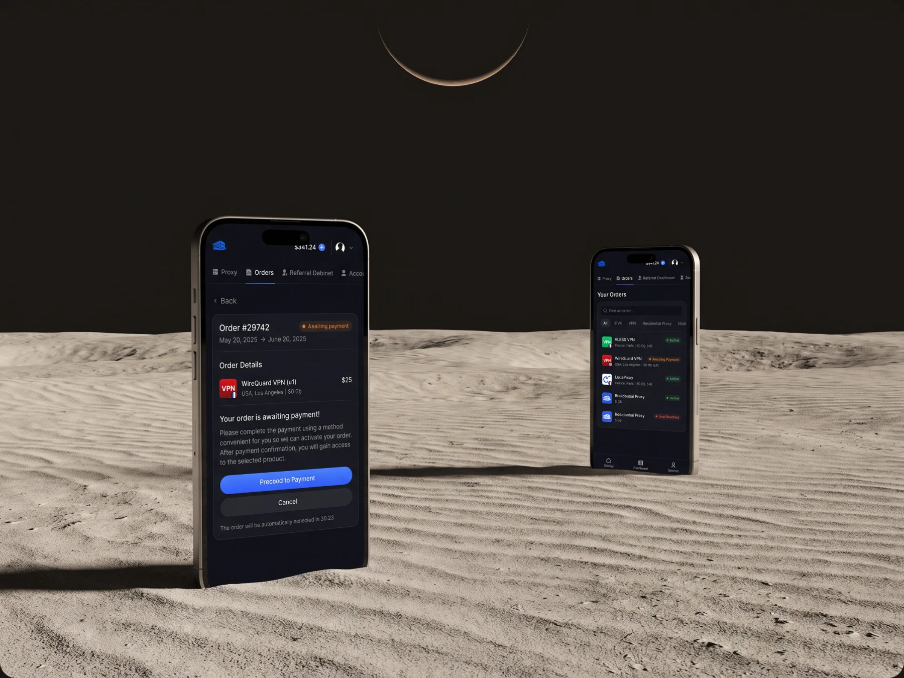 Order screens on two phones standing in sand