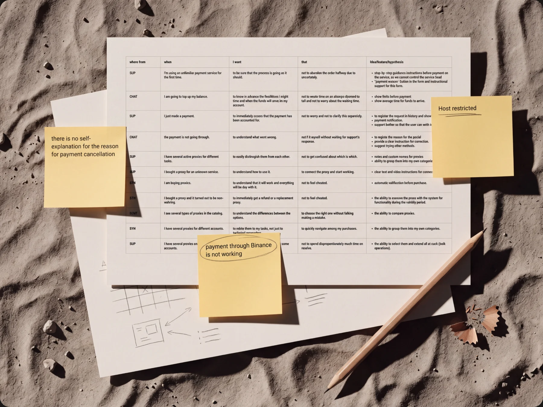 Printed support requests and sticky notes on sand