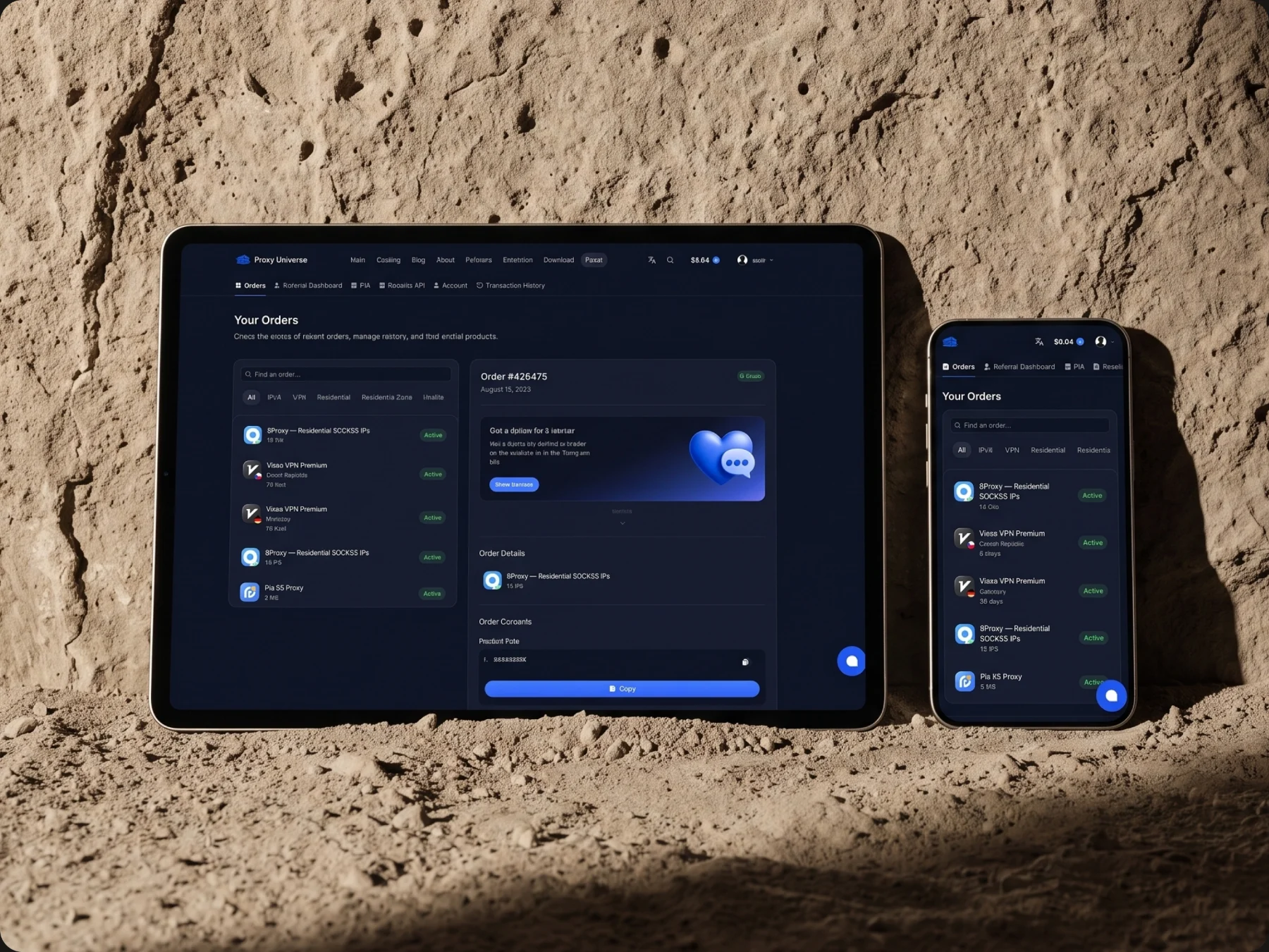 Personal account with orders on a tablet and a phone